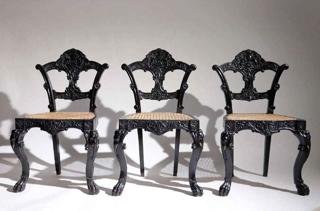 4 massief ebbenhouten Anglo-Indische stoelen - 19e eeuw, Enlèvement