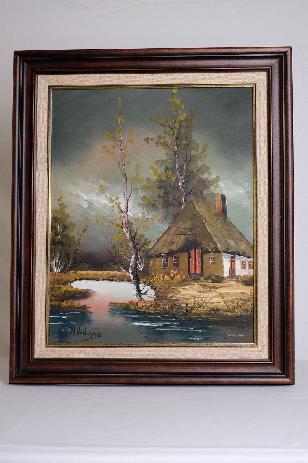 Natuur schildering met boerderij van N. Verheyden, Enlèvement, Signé, Toile