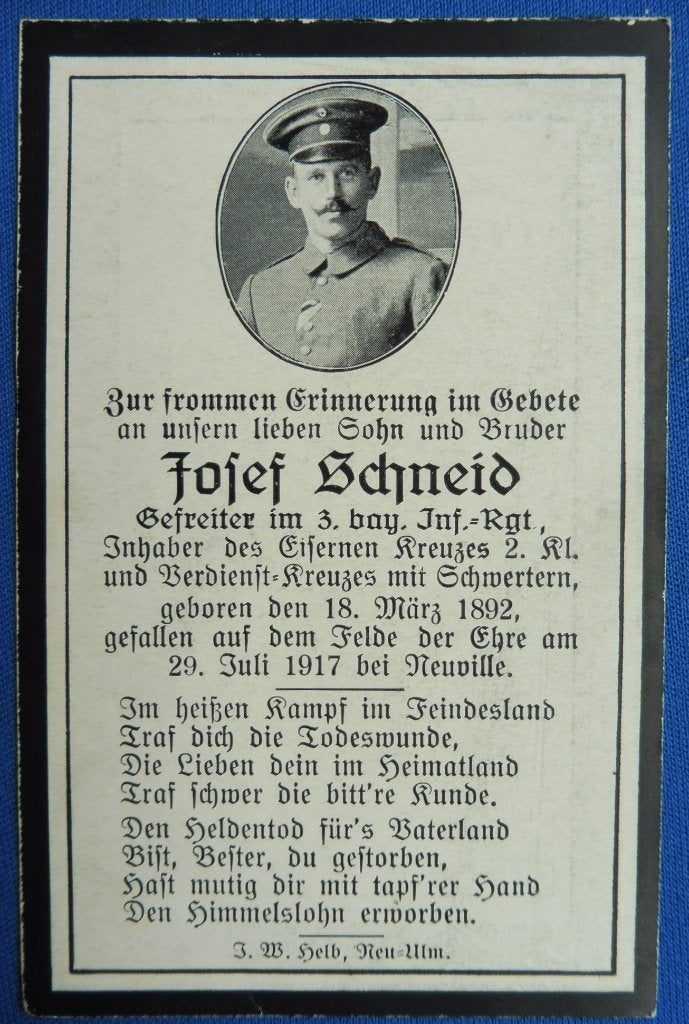 WO1 bidprent Duitse soldaat gesneuveld 1917 te Neuville, Envoi, Armée de terre, Autres types
