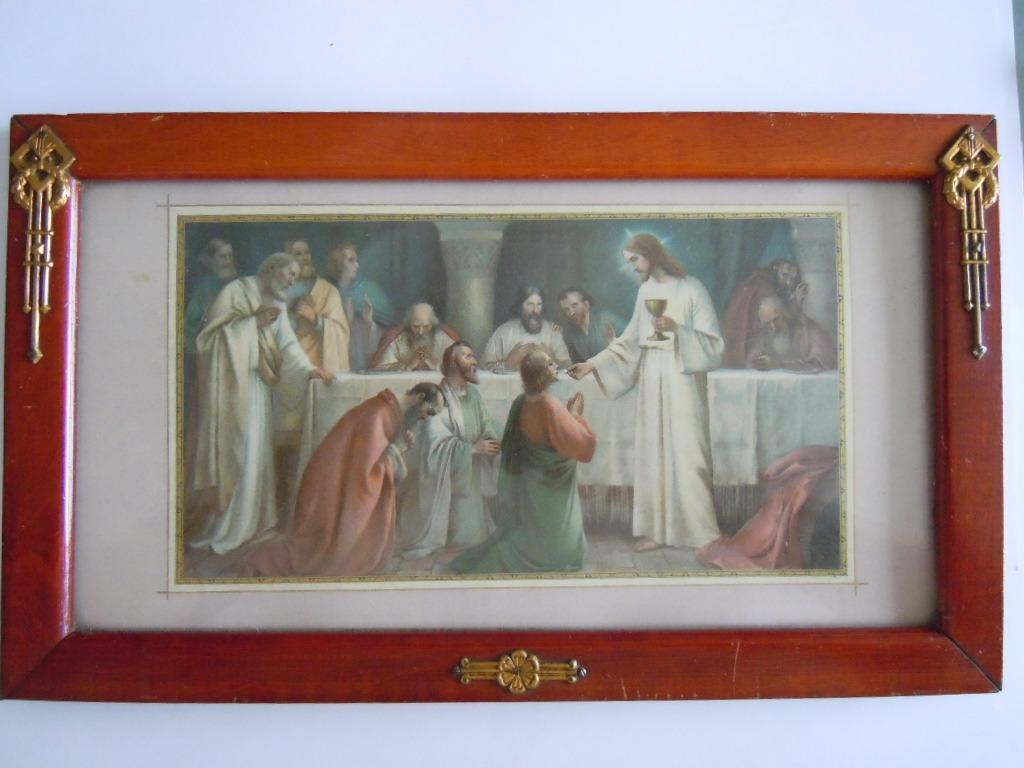 Religieuse prent in kader - Jezus geeft communie aan, Ophalen of Verzenden, Gebruikt, Kaart of Prent, Christendom | Katholiek