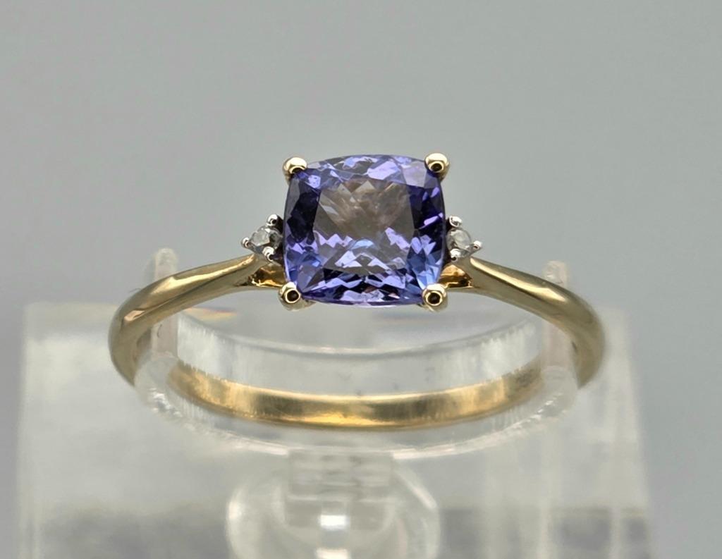 Gouden Vintage ring edelsteen tanzaniet en diamant. 2025/653, Bijoux, Sacs & Beauté, Bagues, Comme neuf, Femme ou Homme, 18 à 19