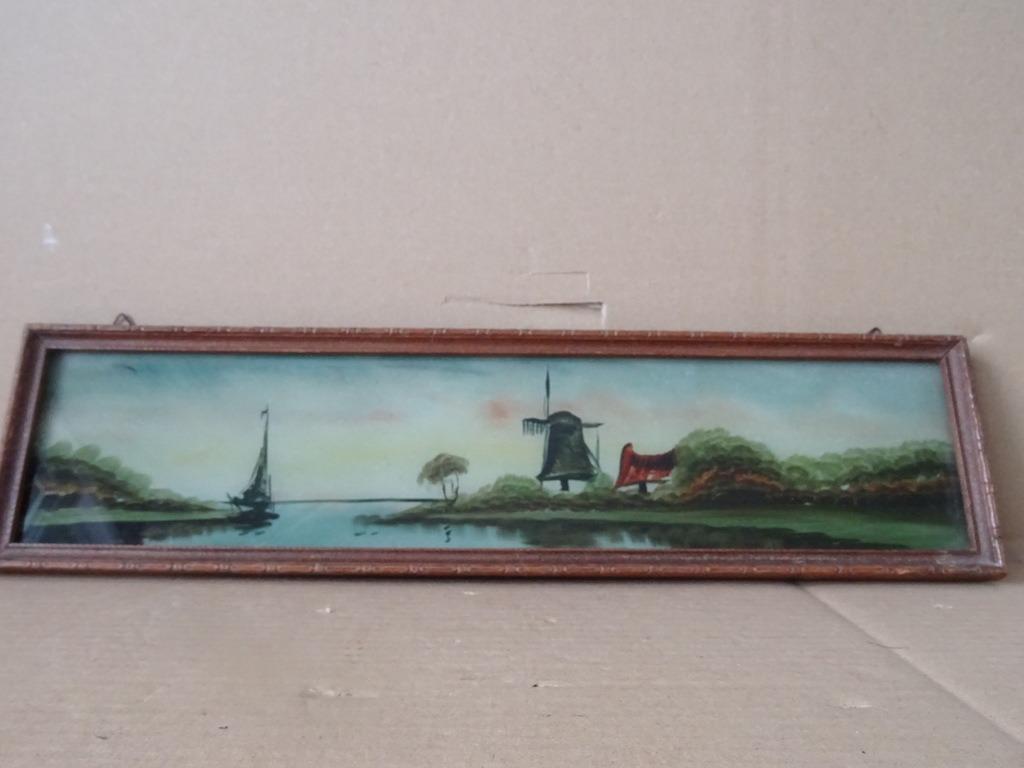 Curiosa schilderij geschilderd achter glas 34x10 Tramp art, Ophalen of Verzenden