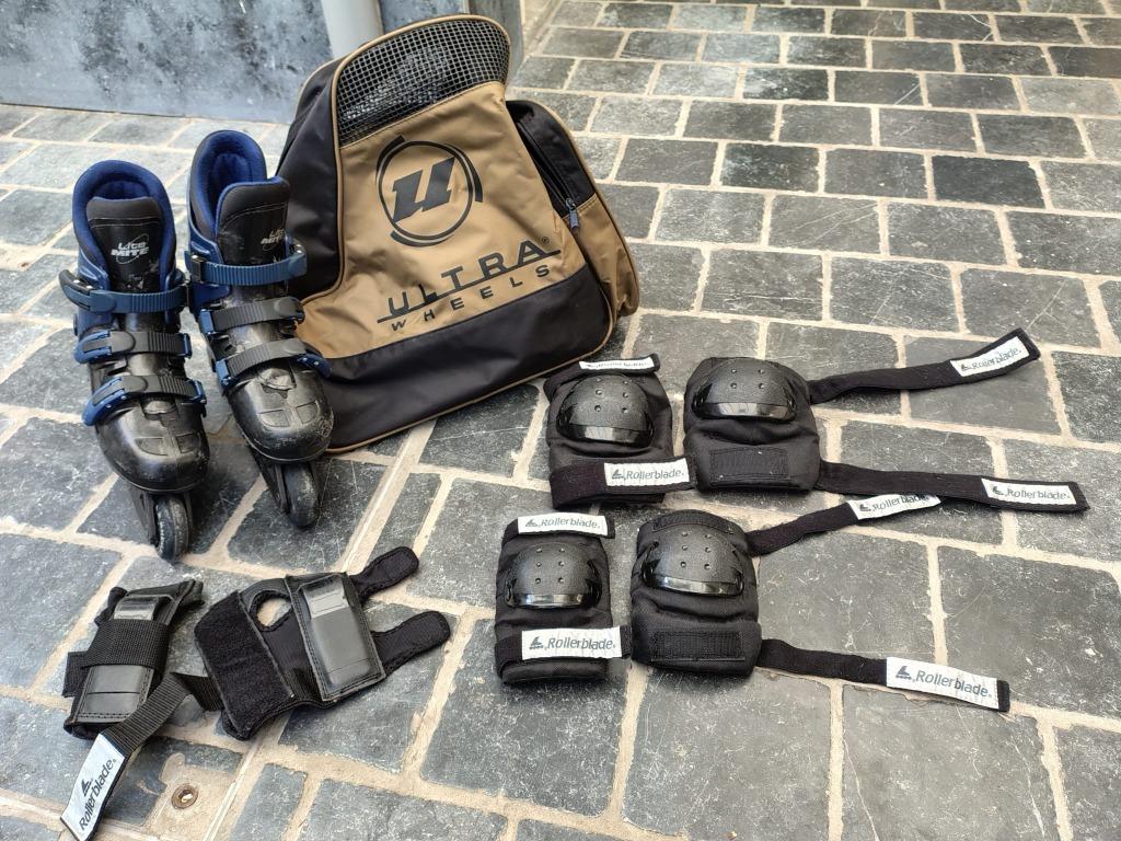 Inline skates met accessoires, Sport en Fitness, Ophalen, Gebruikt, Inline skates 4 wielen