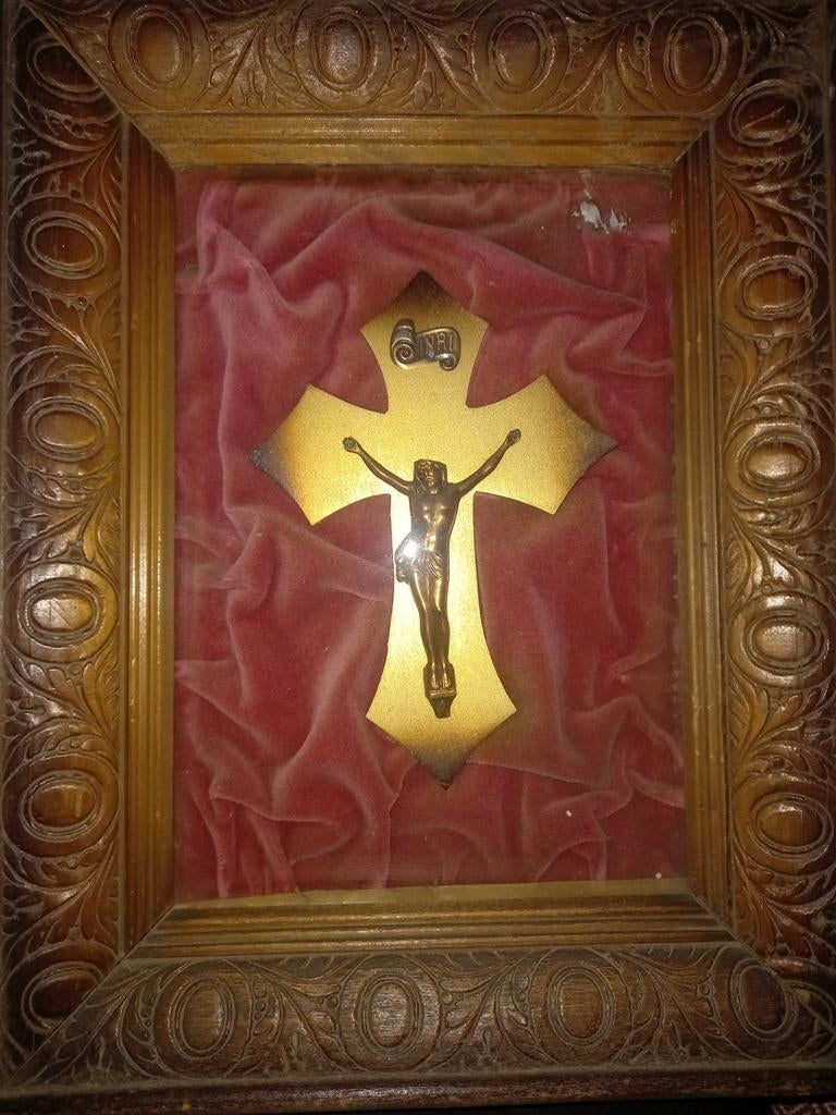 Kruis in rechthoekig kader met gebogen glas, Antiek en Kunst, Ophalen of Verzenden