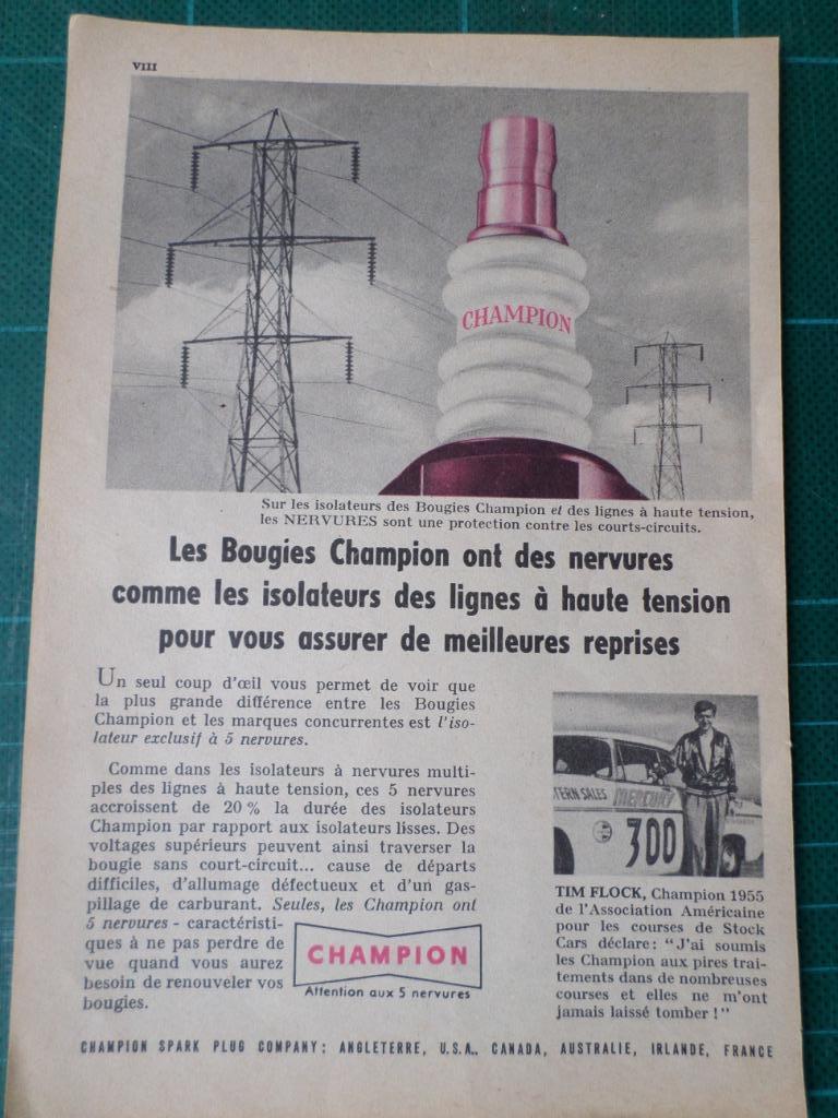 Tim Flock - bougies Champion - publicité papier - 1956, Ophalen of Verzenden, Gebruikt, Overige typen