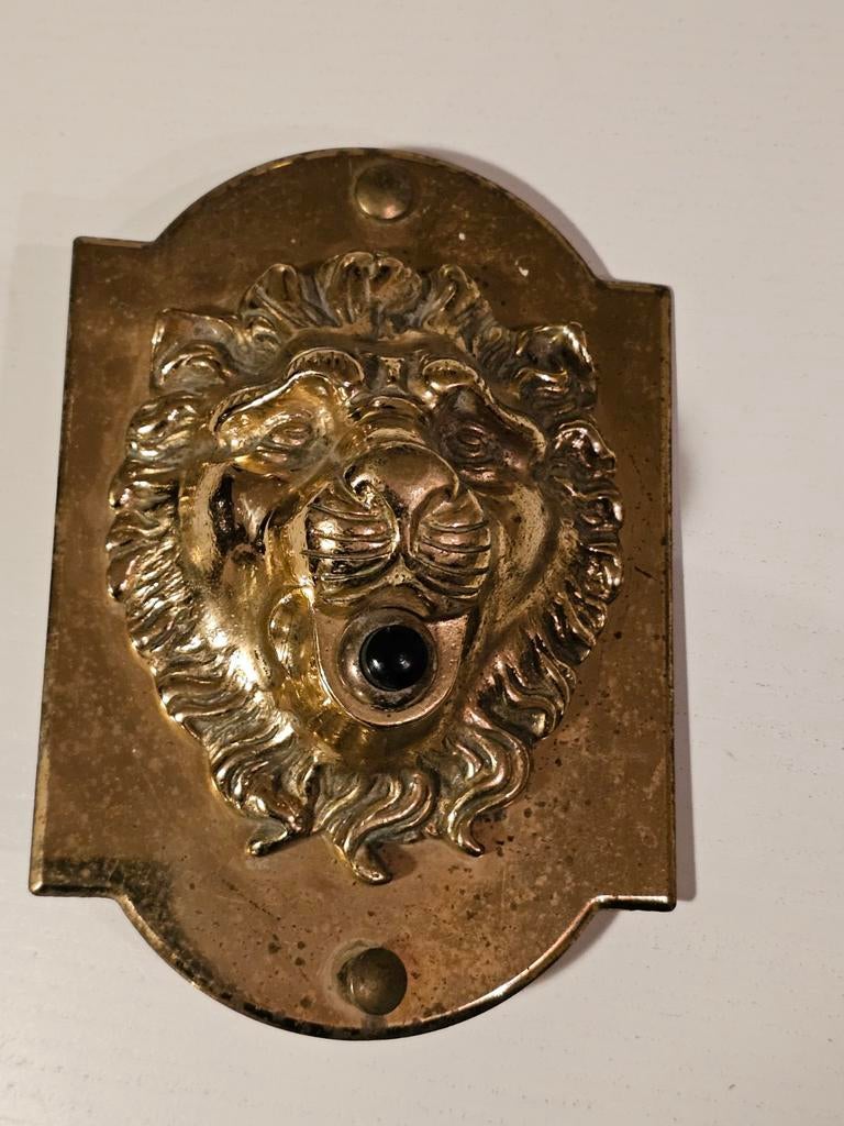 antieke messing deurbel met leeuwenkop., Ophalen of Verzenden