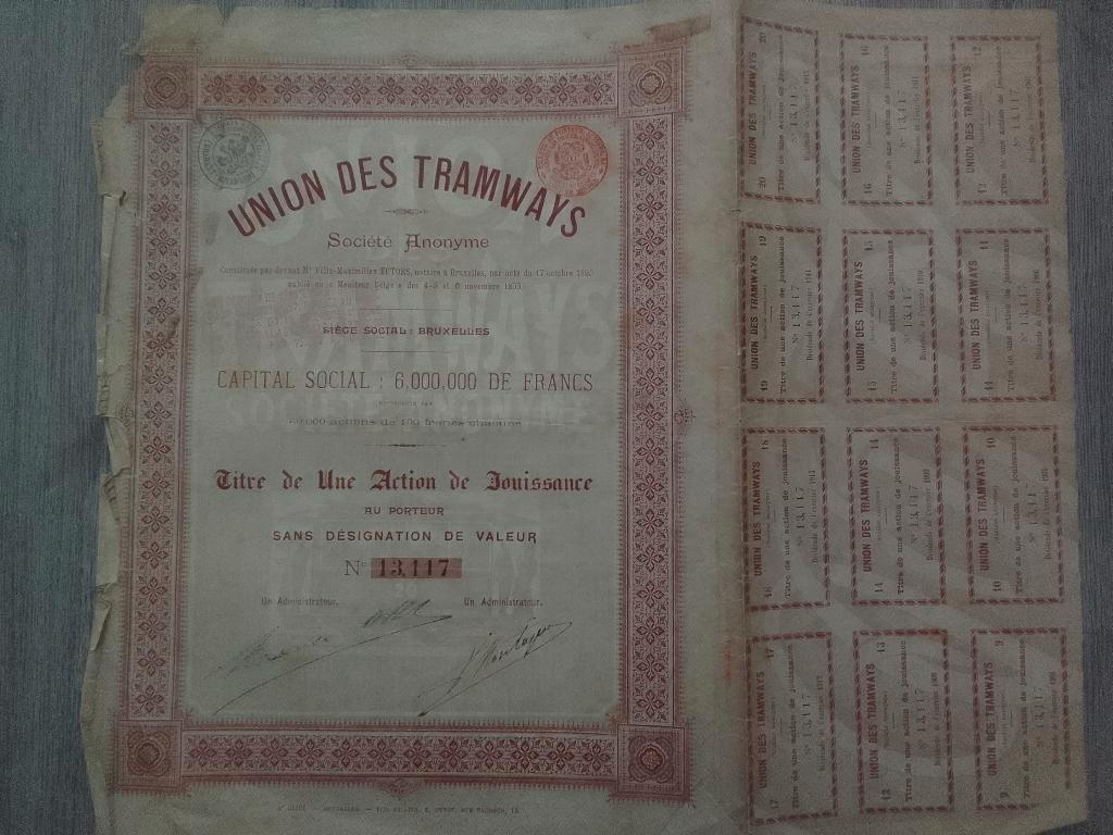 Titre Action Union des Tramways Bruxelles 1895, Enlèvement ou Envoi, Avant 1920, Action