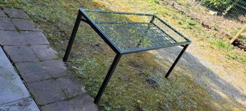 Tafel van glas en metaal, Ophalen, Gebruikt, 100 tot 150 cm, 50 tot 100 cm