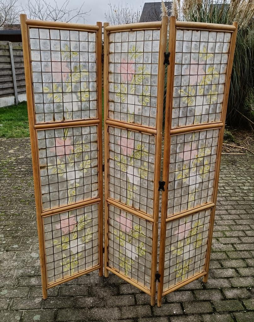 Vintage kamerscherm bamboe/parelmoer bloemmotief., Huis en Inrichting, Woonaccessoires | Kamerschermen, Ophalen, Gebruikt
