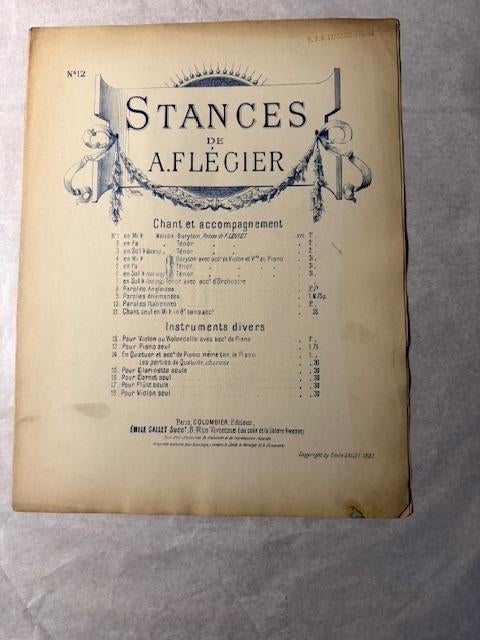Flégier, Alfred — Stances., Musique & Instruments, Partitions, Violon ou Alto, Enlèvement ou Envoi, Artiste ou Compositeur, Classique