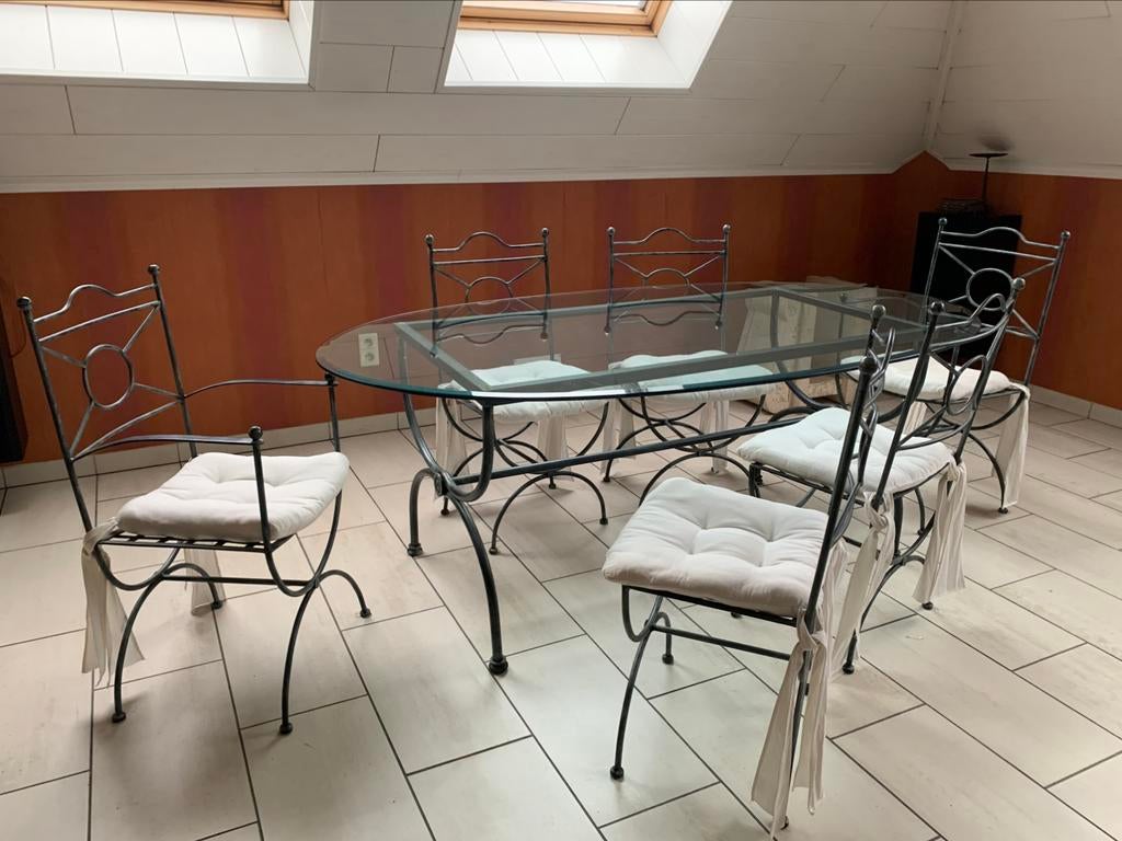 Glazen tafel smeedijzer onderstel + 6 stoelen in smeedijzer, Enlèvement