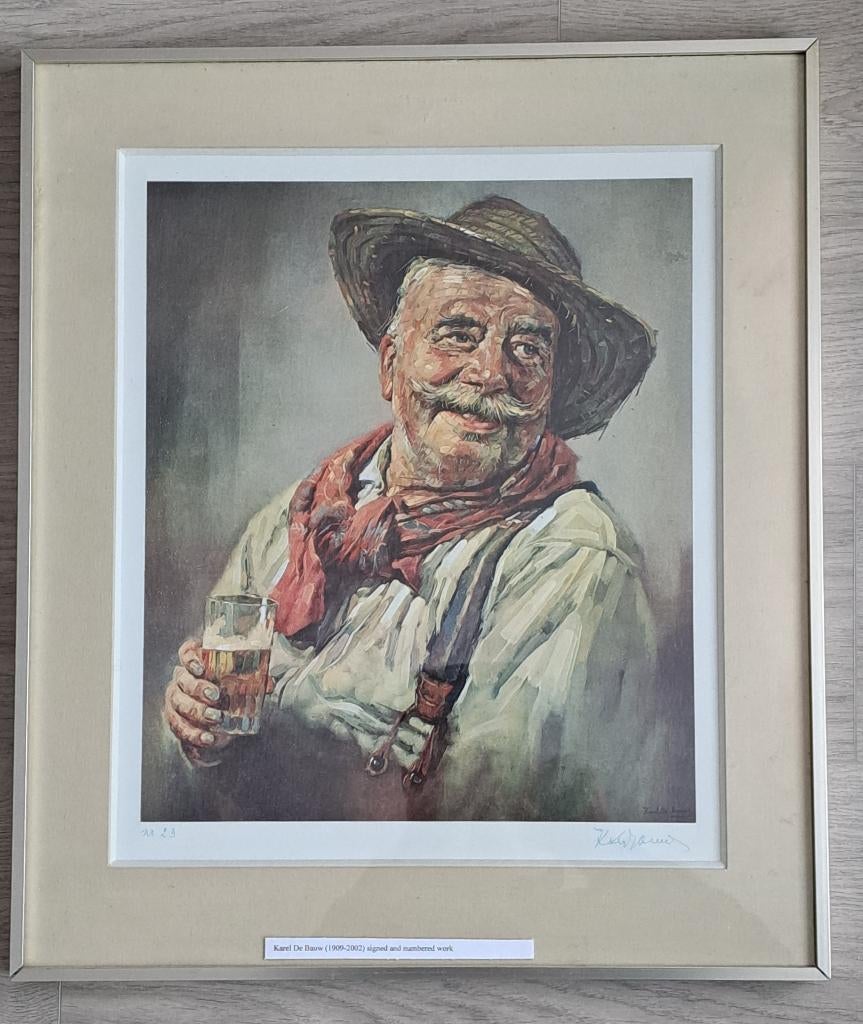 Karel De Bauw 1909-2002 "Dorpsfiguur" GESIGNEERD ingelijst, Antiek en Kunst, Ophalen