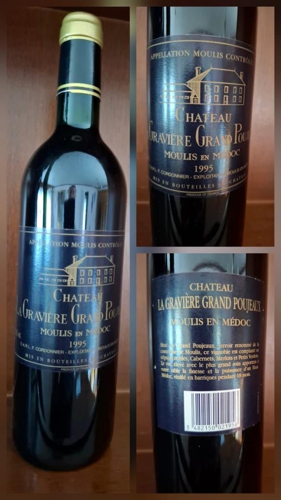 Bouteille Chateau La Gravière Grand Poujeaux 1995 — Médoc, Enlèvement ou Envoi, Comme neuf