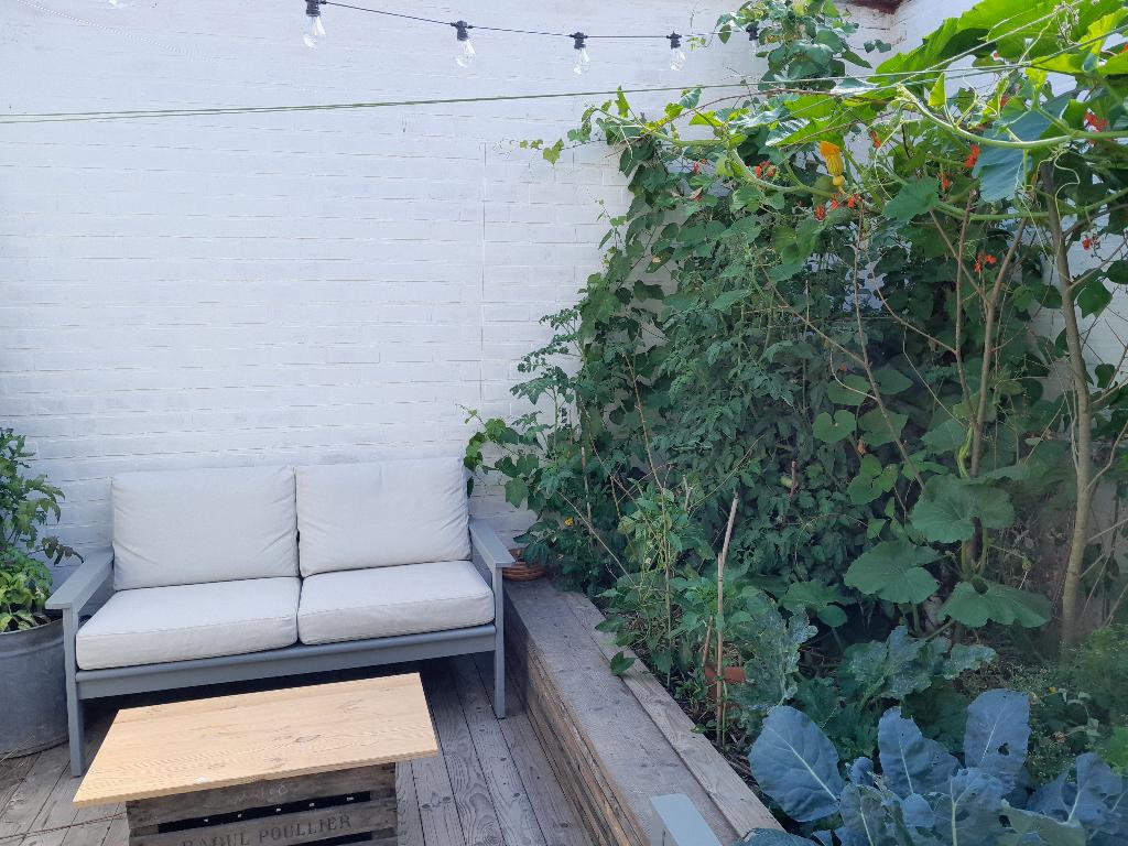 Tuinset met kussens voor 4 personen (3-delig), Ophalen, 4 zitplaatsen, Gebruikt, Hout