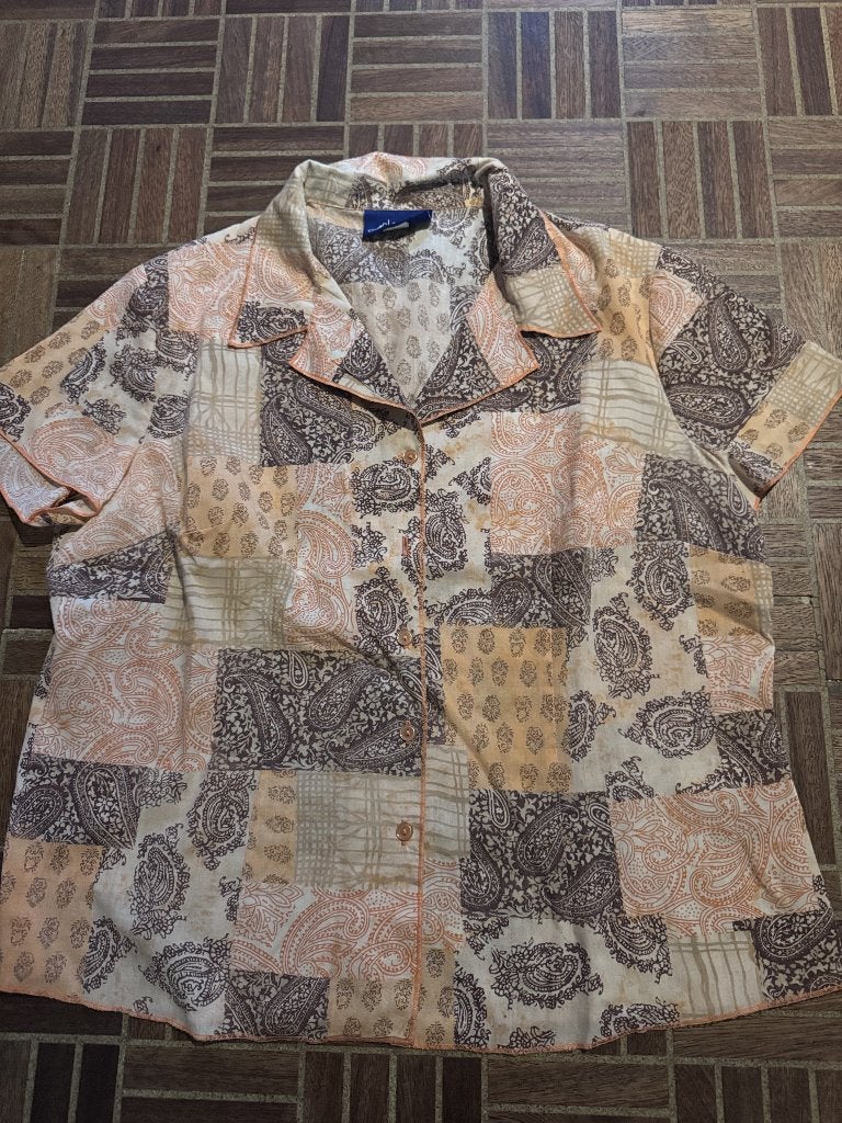Blouse en patchwork à imprimé cachemire Claude Arielle, Taille 38/40 (M), Beige, Enlèvement, Porté
