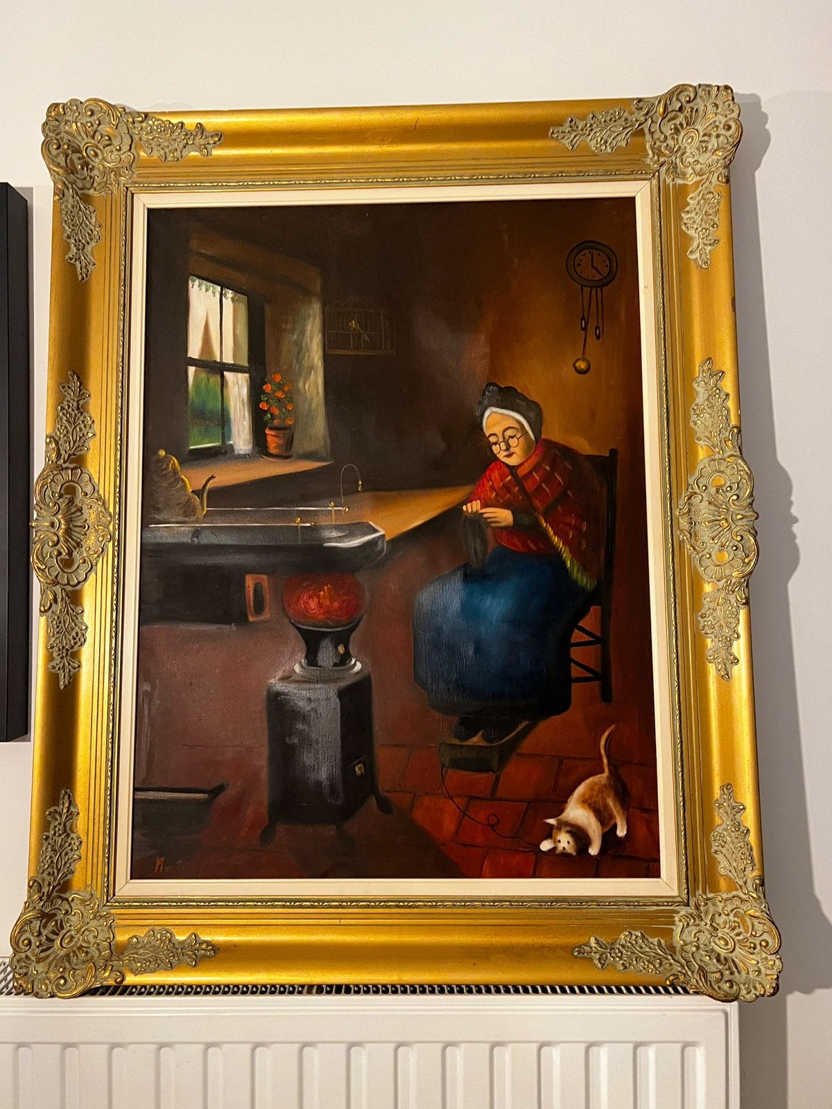 Peinture à l'huile nostalgique « Grand-mère au chauffage », Antiquités & Art, Peinture à l'huile, Signé, Enlèvement, Toile