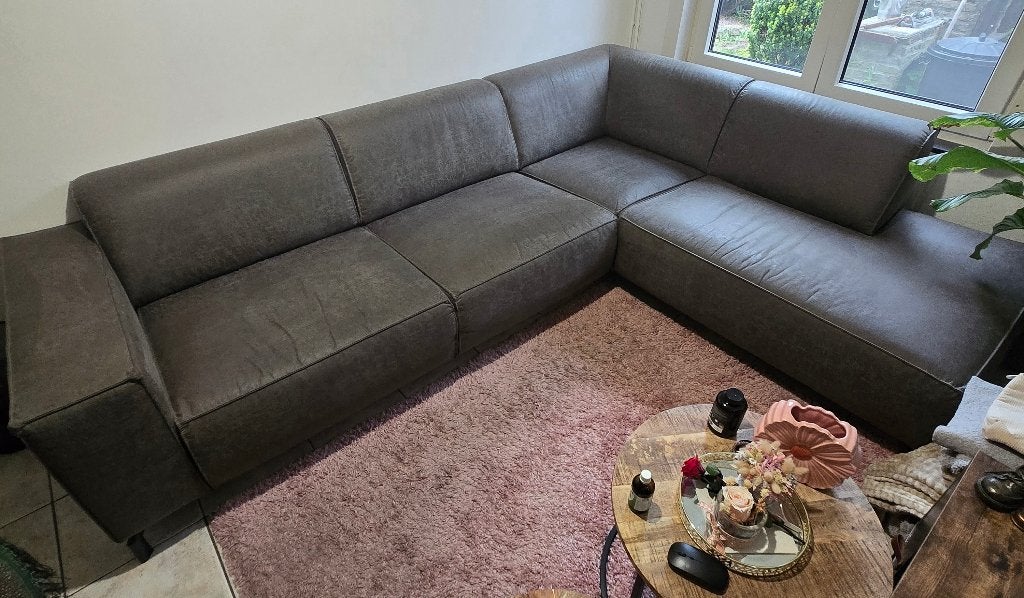 Antracietgrijze hoekbank microleder (eco-leer) - nette staat, Huis en Inrichting, Zetels | Complete zithoeken, Ophalen, Gebruikt