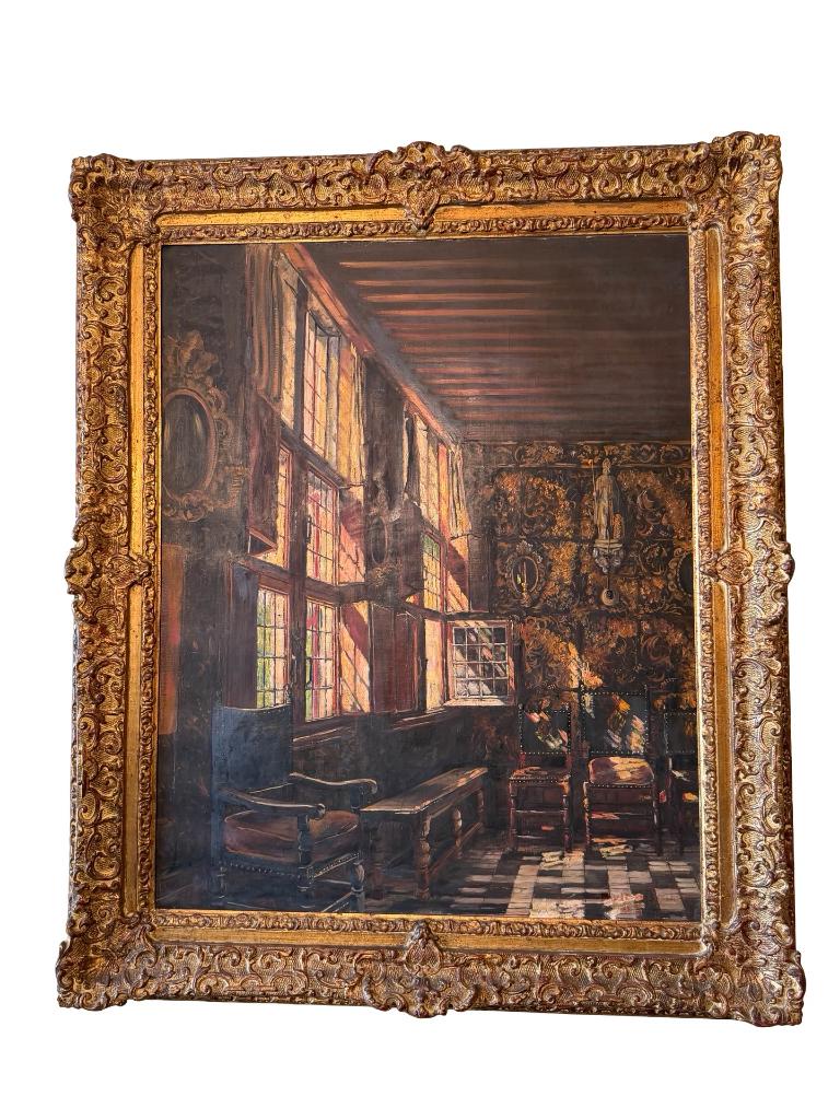 Grand tableau intérieur flamand signé Paule Bisman, Enlèvement