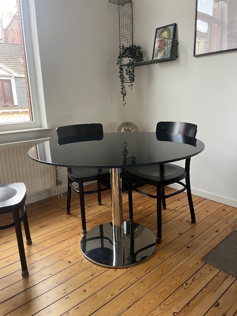 Table ronde vintage verre noir fumé ø110 cm pied chromé, Enlèvement, Utilisé, Rond, Verre