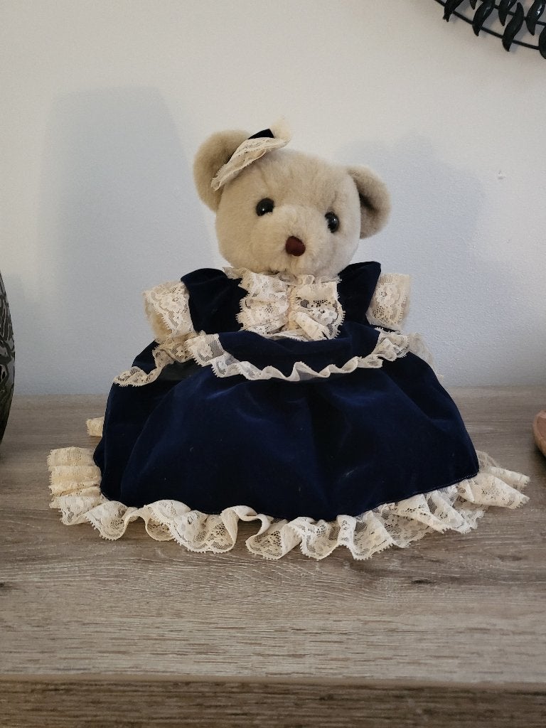 Peluche vintage — Tenues victoriennes velours — Bleu, Bleu, Enlèvement ou Envoi, Comme neuf, Moyen (20 à 80 cm)