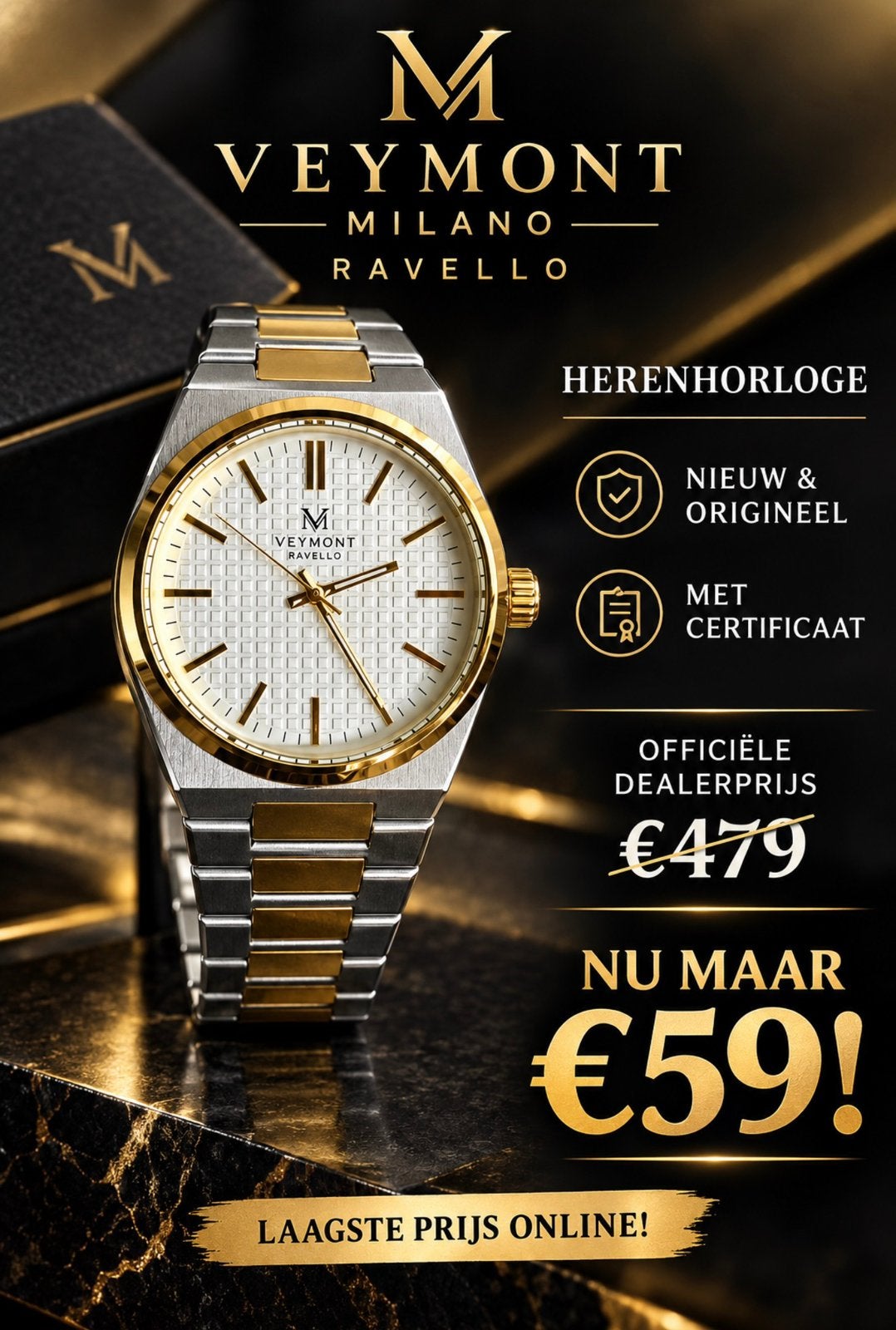 VEYMONT MILANO RAVELLO TWV479€! 💯%NIEUW MET CERTIFICAAT, Ophalen of Verzenden