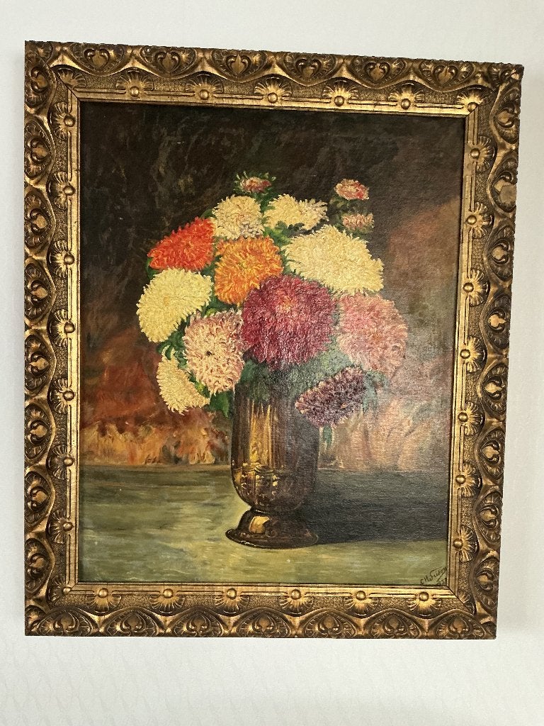 Schilderij stilleven bloemen, Antiek en Kunst, Bijzondere lijst, Doek, Olieverf, Klassiek