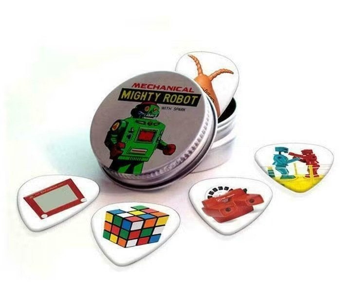 Blikje + plectrums met afbeelding van retro speelgoed, Enlèvement ou Envoi, Neuf