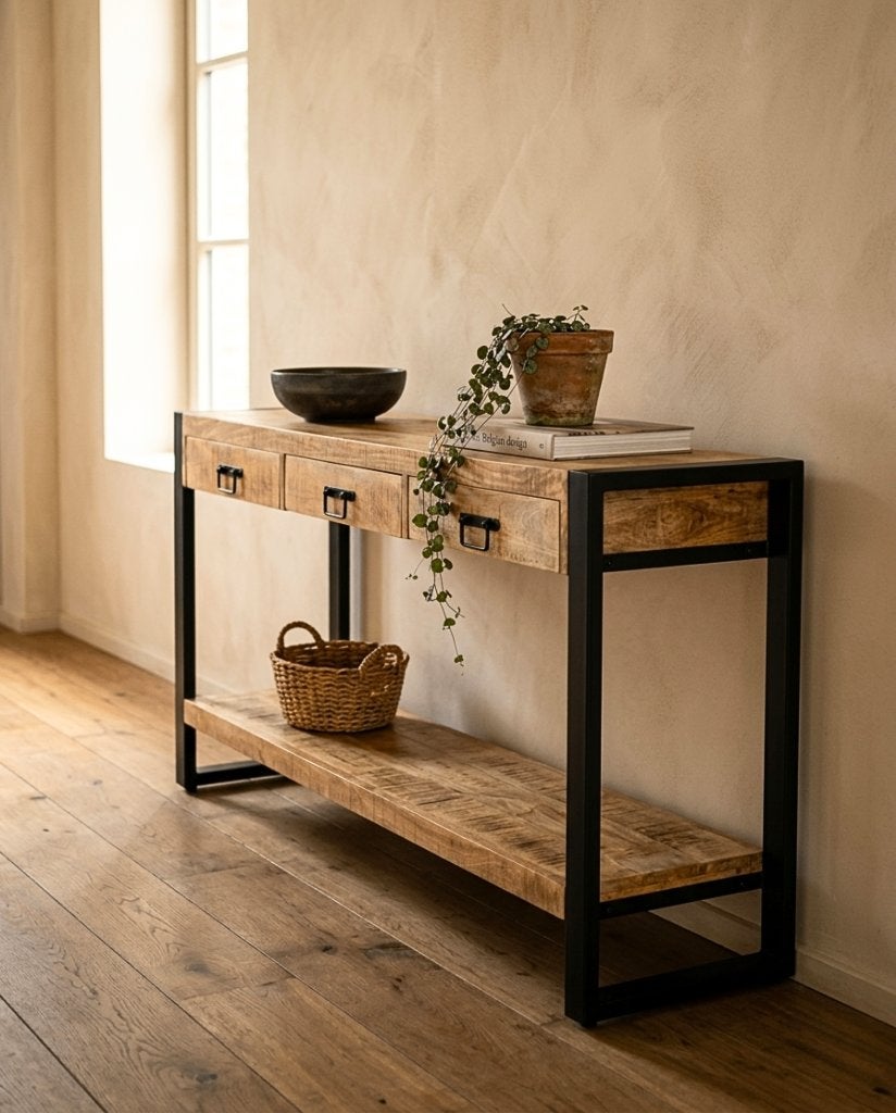 Sidetable mango hout + staal zwart — 3 maten — nieuw, Huis en Inrichting, Ophalen, 100 tot 150 cm, Nieuw, Overige houtsoorten