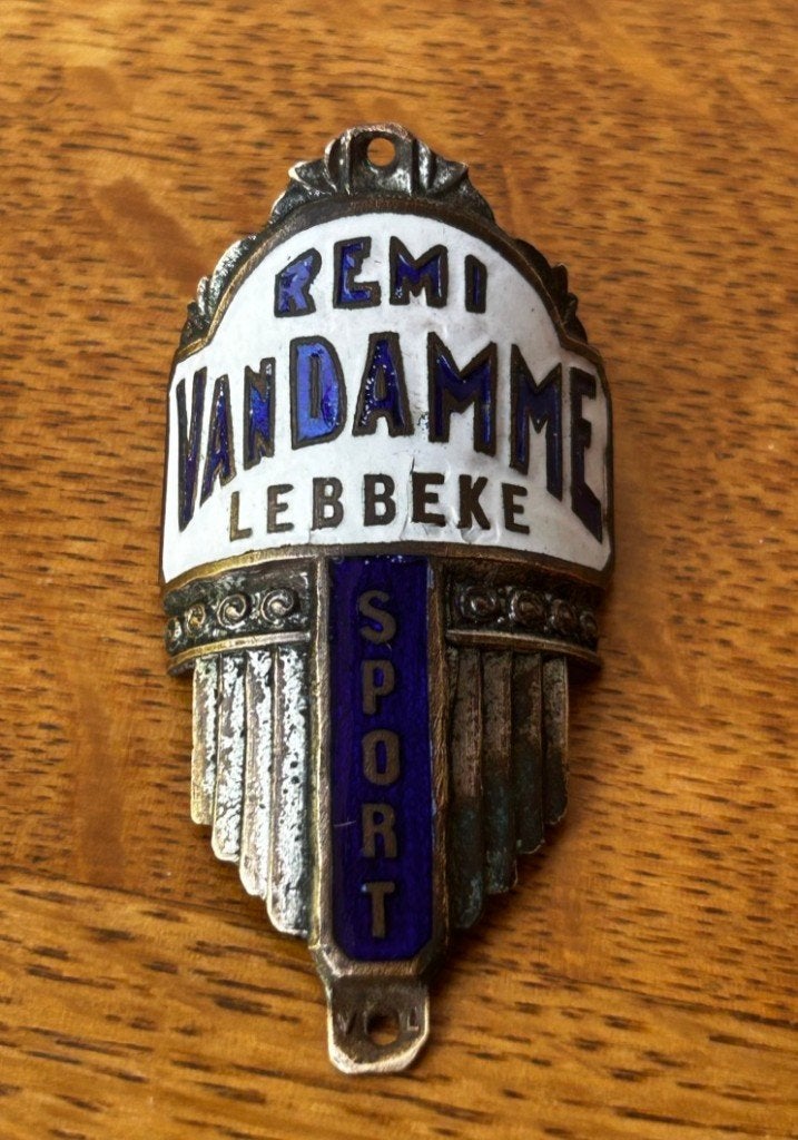 Balhoofdplaatje fietsplaatje kopmerk Remi Van Damme Lebbeke, Verzamelen, Overige Verzamelen, Ophalen of Verzenden, Gebruikt