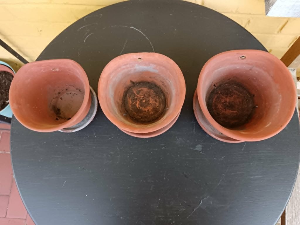 3-delige terracotta bloempot en schotel, Ophalen, Gebruikt, Rond, Balkon