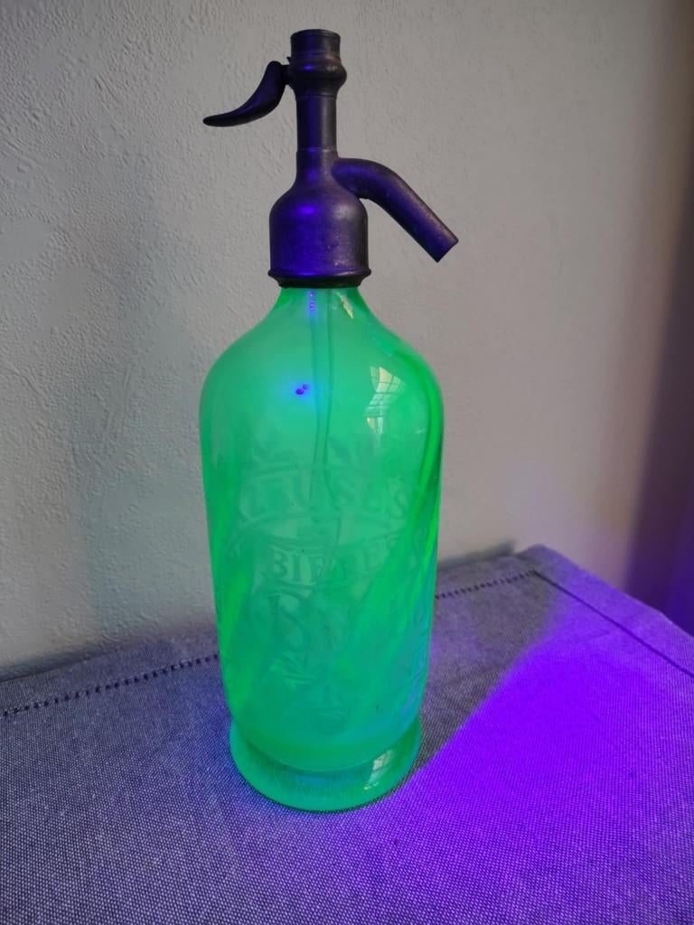 Uranium glas blauwe antieke sifon fles/ ouraline, Ophalen of Verzenden