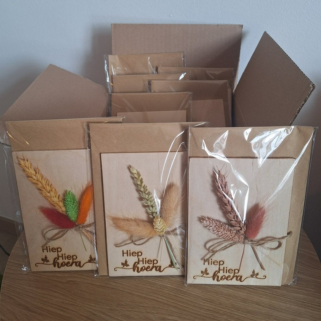 Wenskaart 'Hiep Hiep Hoera' - Droogbloemen, Divers, Enlèvement ou Envoi