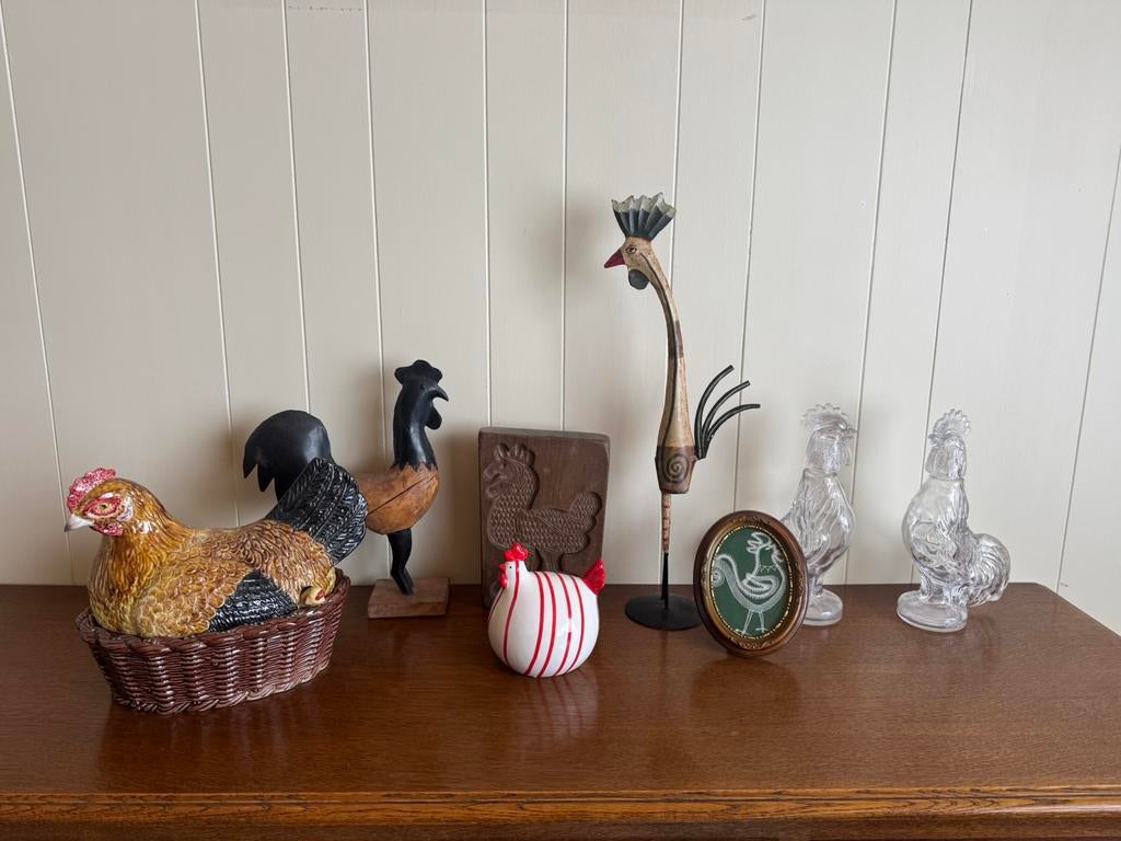 Vintage verzameling hanen en kippen decoratiebeeldjes, Ophalen, Glas, Beeld, Beschilderd