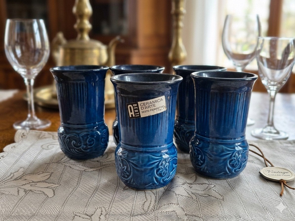 Lot de 5 tasses en céramique d'art – Bleu
