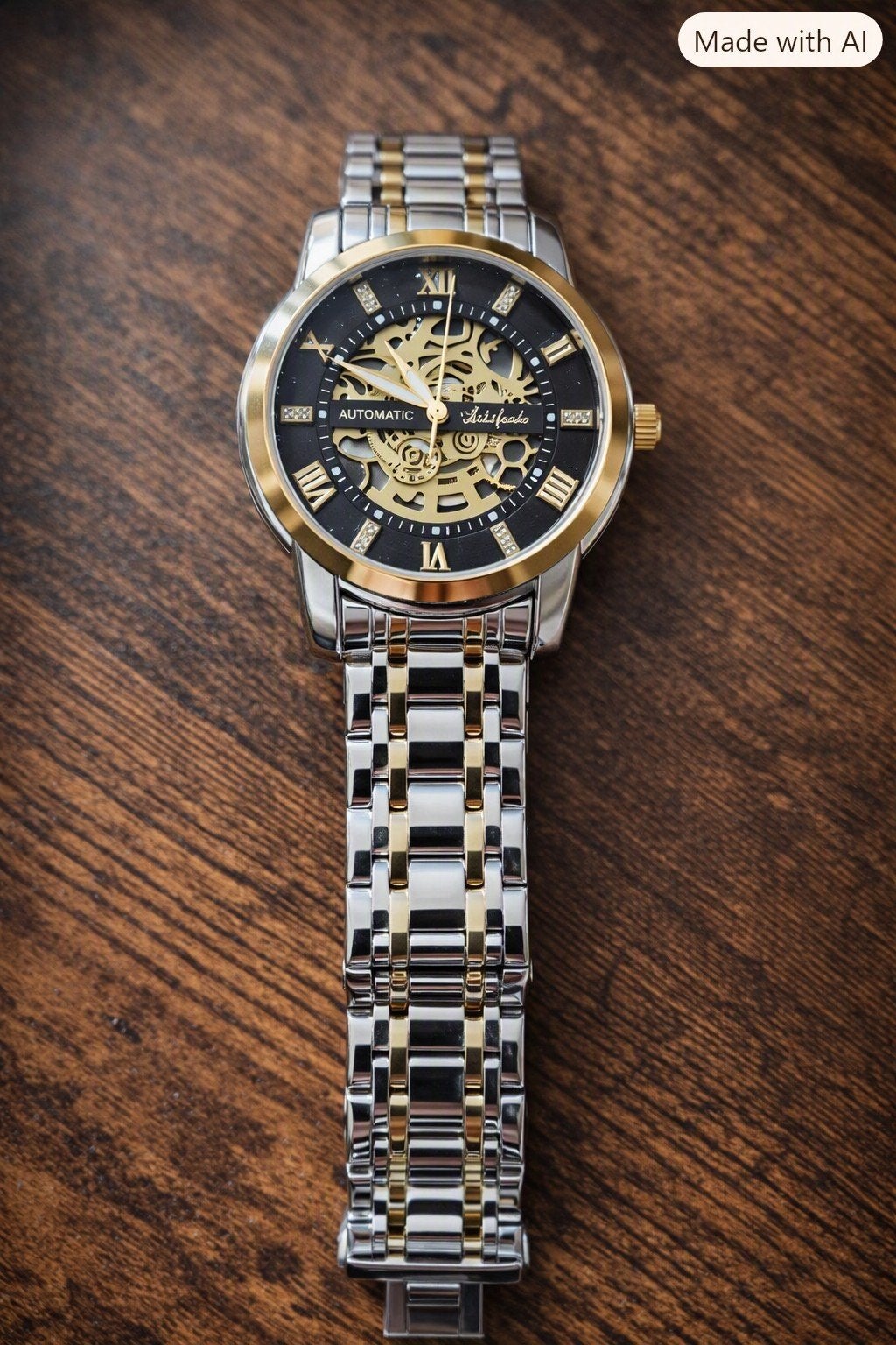Montre automatique squelette homme – acier bicolore or/noir, Verzenden, Nieuw, Zwart