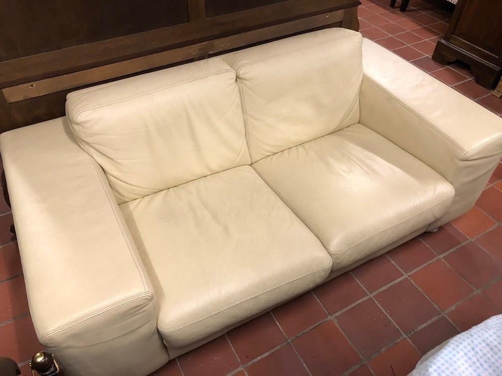 LEDEREN BANK 2 zits creme KALFS LEDER BANKSTEL LEER ZETEL, Enlèvement, Utilisé, Beige, Autres types