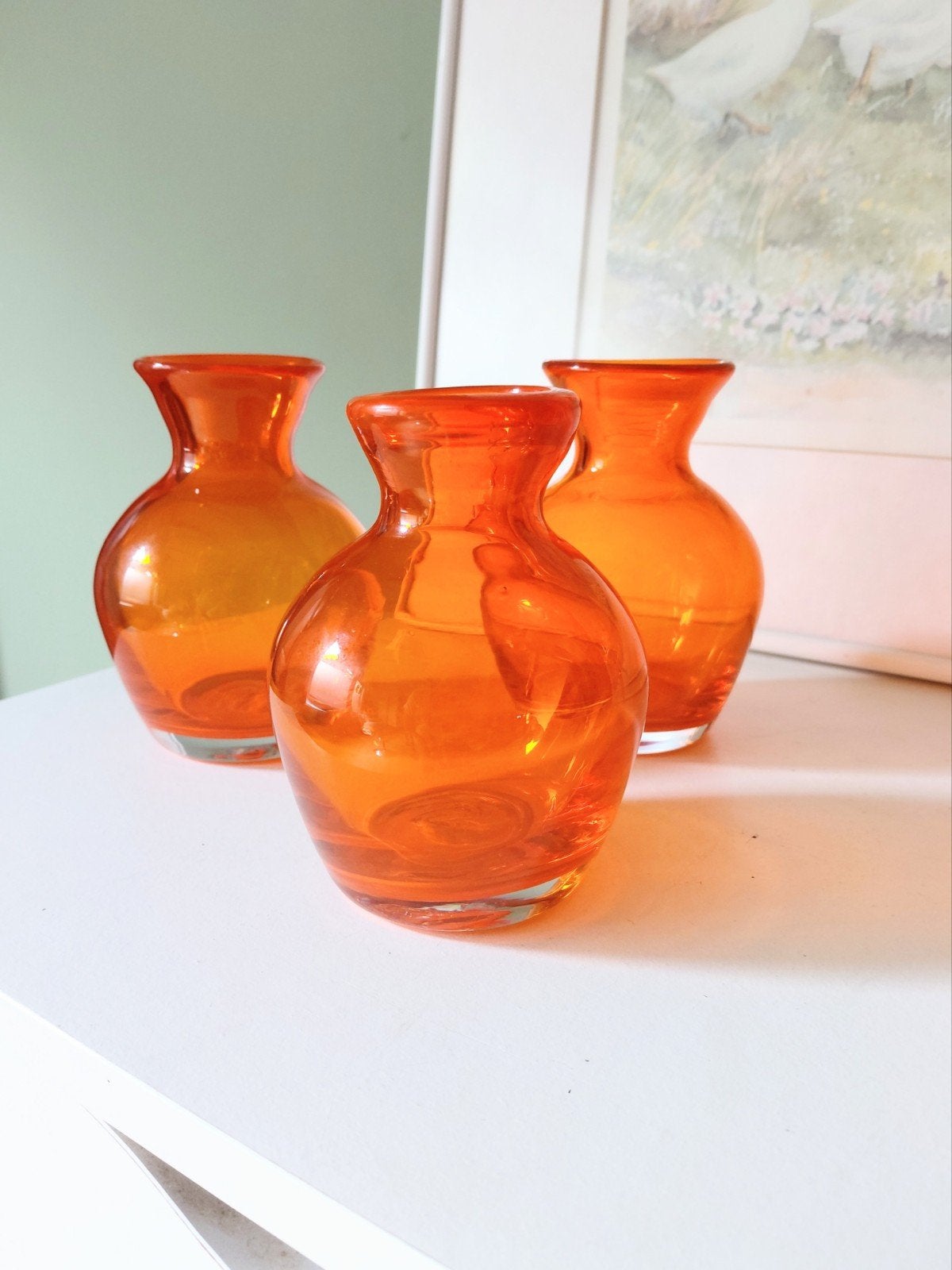Set 3 Oranje Amber Glazen Vaasjes Handgeblazen, Ophalen of Verzenden