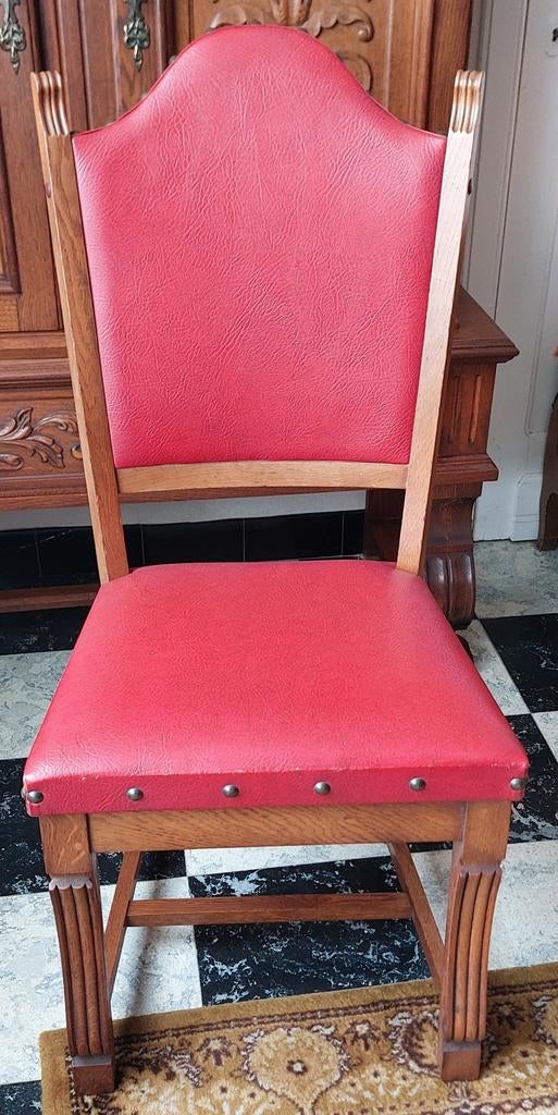 6 chaises, rembourrées en cuir rouge, bois, chêne., Antiquités & Art, Enlèvement