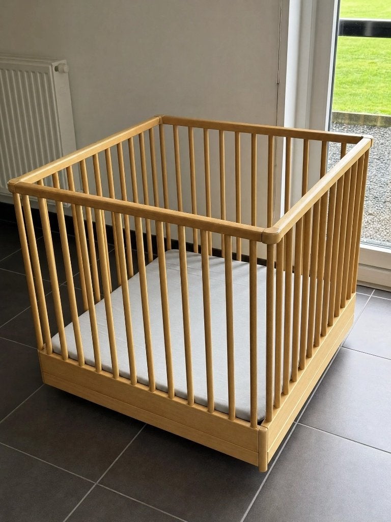 Parc bébé en bois massif + matelas de protection, Enfants & Bébés, Parcs, Enlèvement, Utilisé, Réglable en hauteur