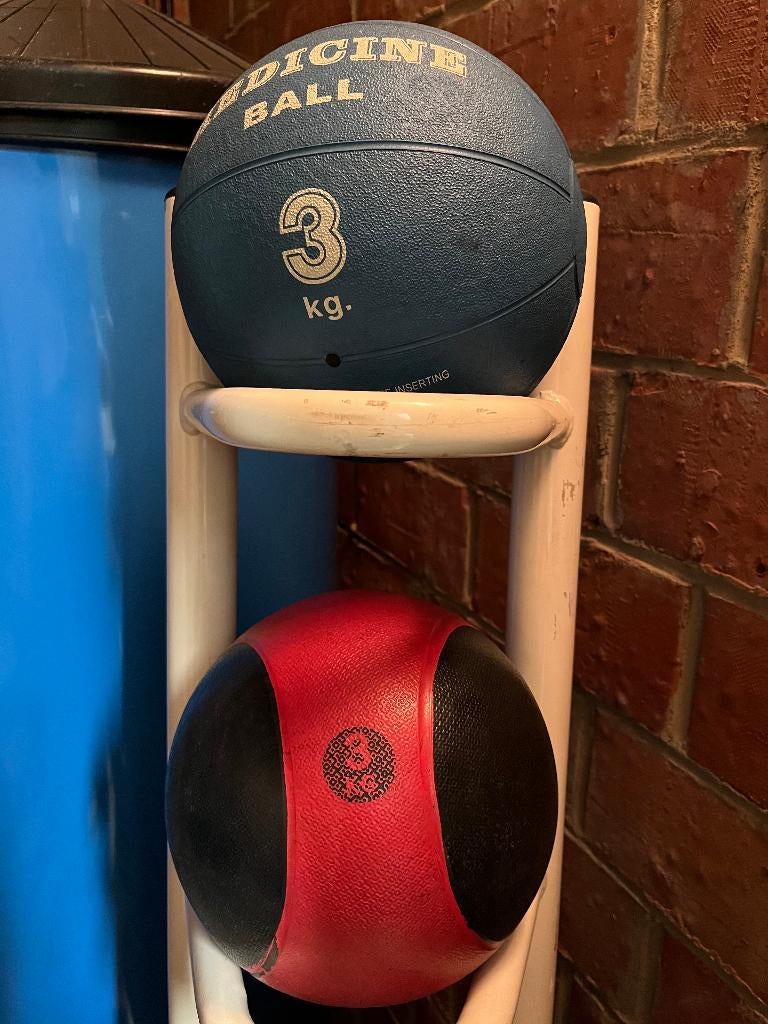 Five Medicinal balls with heavy duty metal stand, Enlèvement, Comme neuf, Bras, Médecine balle