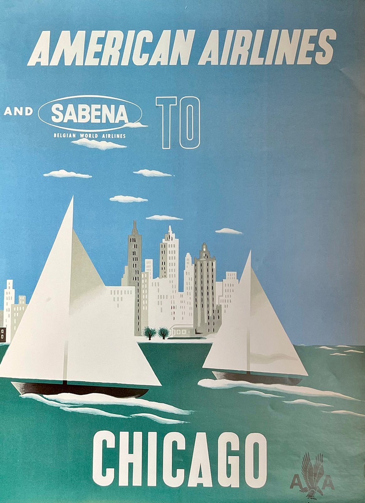 Sabena - Litho ancienne 1951 - American Airlines Chicago, Enlèvement ou Envoi