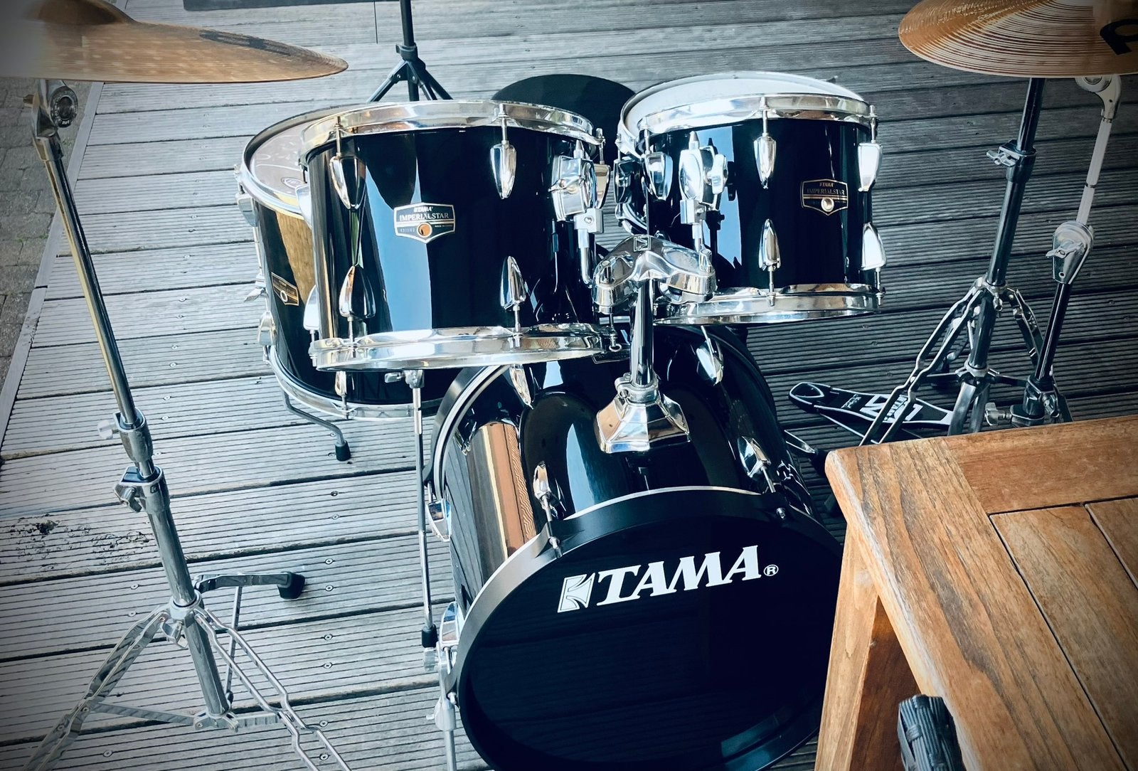 Zwart Tama-drumstel (akoustisch), simbalen + zak, Muziek en Instrumenten, Drumstellen en Slagwerk, Ophalen, Gebruikt, Tama