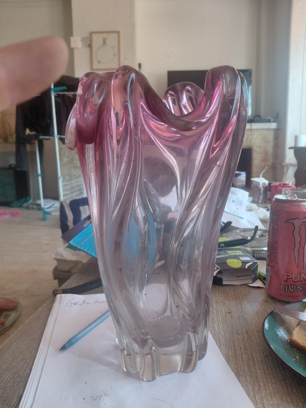 vintage mondgeblazen glazen vaas – roze/paars – zwaar, Ophalen