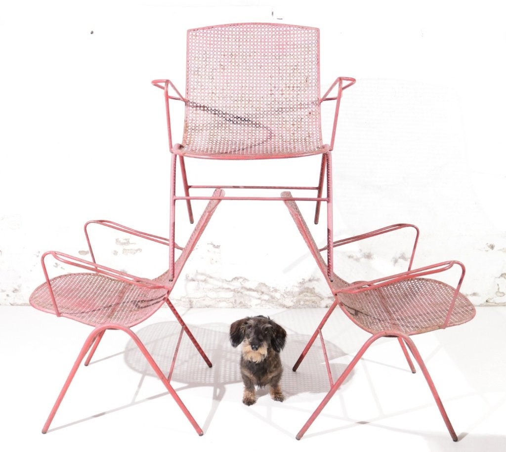 3 fauteuils in Mathieu Matégot-stijl, geperforeerd metaal, Ophalen