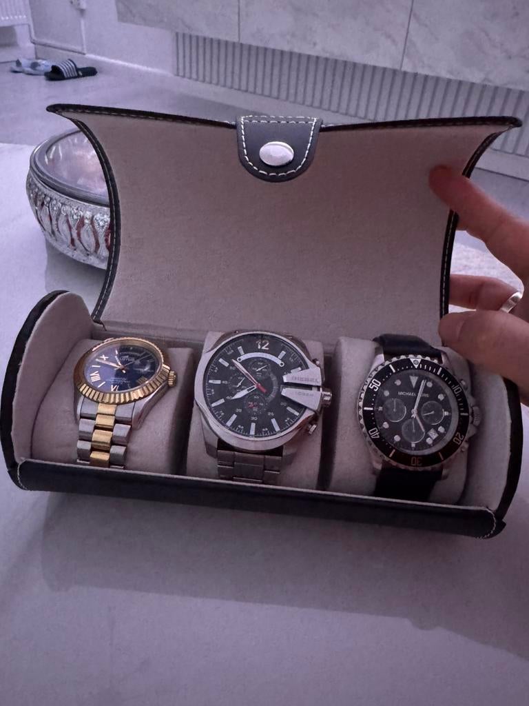Luxe horlogebox + 3 luxe horloges, Ophalen of Verzenden, Gebruikt