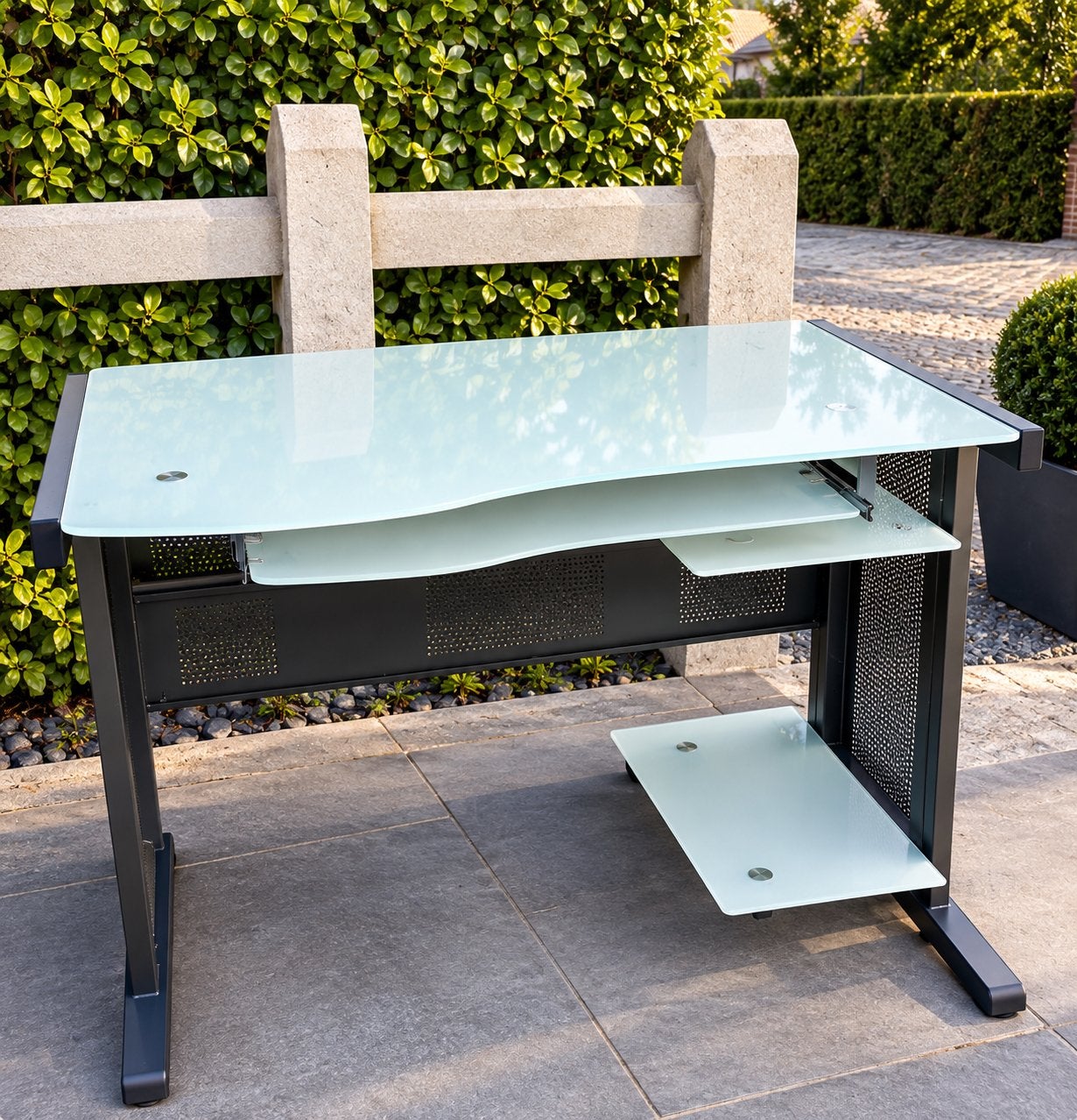 Glazen tafel bureau tafel, Tuin en Terras, Ophalen, Zo goed als nieuw