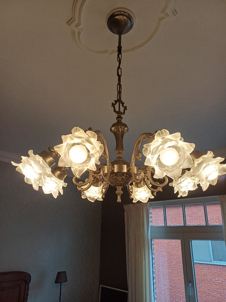 romantische tinnen luchter, Huis en Inrichting, Lampen | Kroonluchters, Ophalen, Zo goed als nieuw, Glas