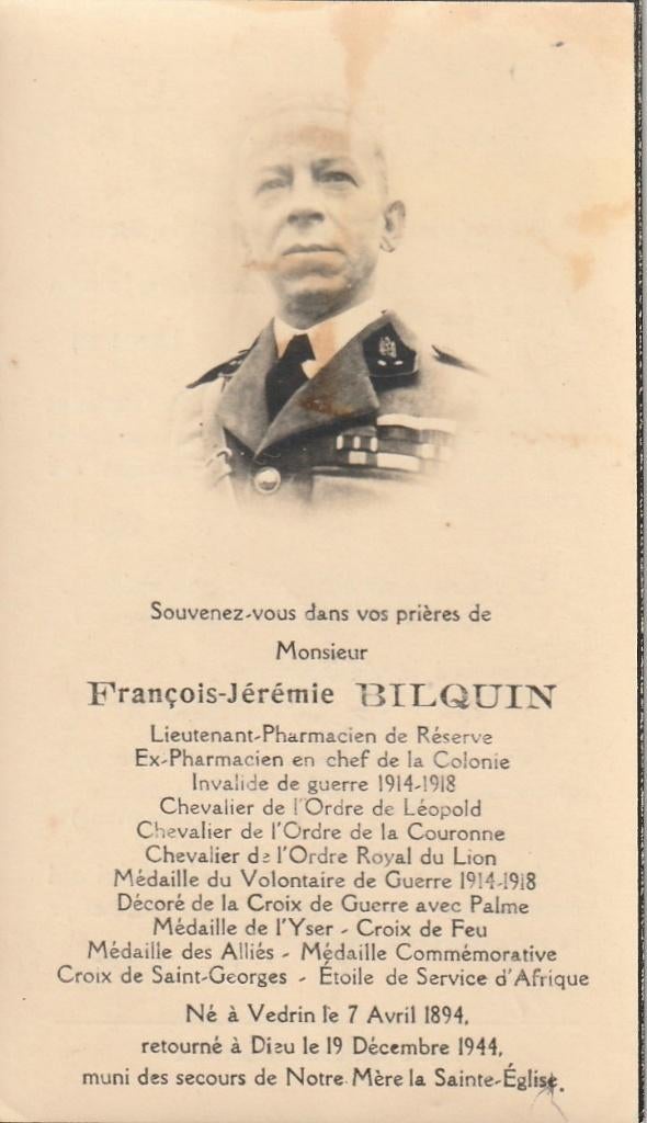 Oudstrijder 1914-1918 François Jérémie Bilquin, Ophalen