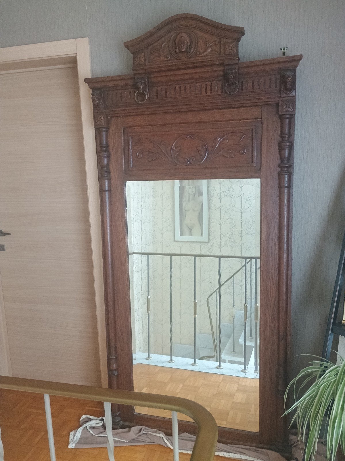 Miroir ancien en boiserie élégante 210 cm x 103 cm, Enlèvement, Rectangulaire, 100 à 150 cm, 200 cm ou plus