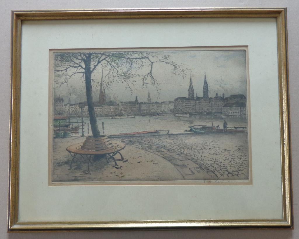 HANS KAUMANN / HAMBURG / KLEURETS / 37x47cm / KADER, Gesigneerd, Ophalen of Verzenden